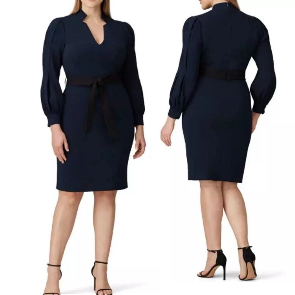 Badgley Mischka Navy Blue Sheath Dress with Black Tie Waist Size 18W